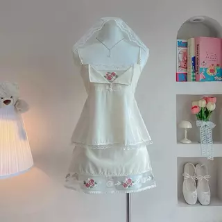 Mini flower เสื้อสายเดี่ยว กระโปรงลูกไม้ปัก (แยกขาย/เซต) t68+t69