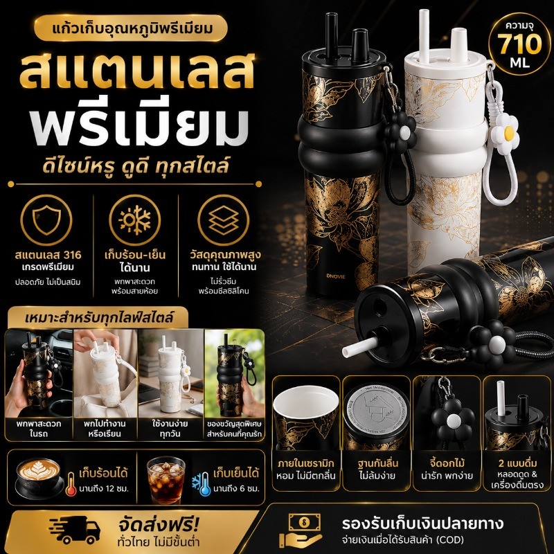 COD ถ้วยฉนวนหุ้มเซรามิค 710ML 316 สแตนเลส ผนังด้านในเซรามิก ปลอดภัยและมีสุขภาพดี ถ้วยรถยนต์แบบพกพา