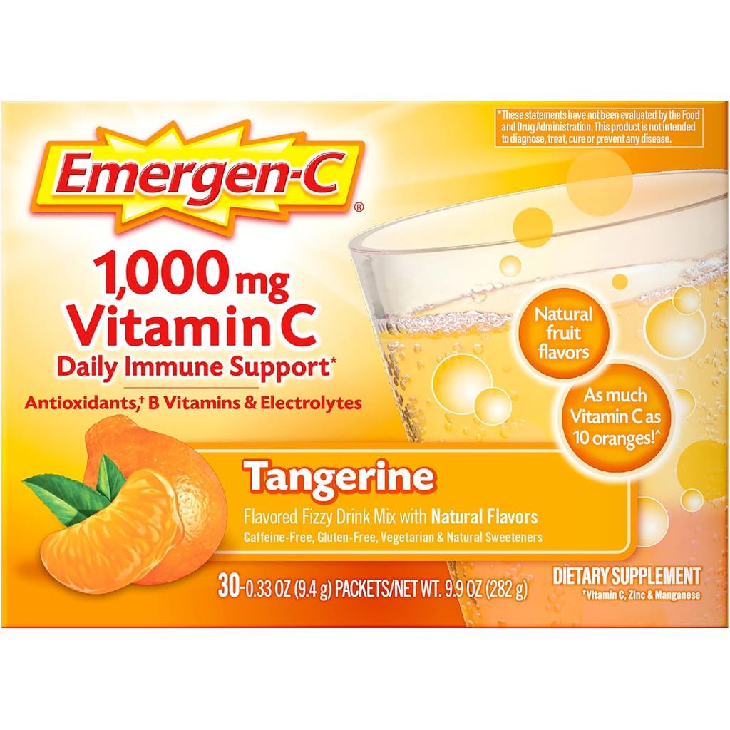 Emergen-C 1000mg Vitamin C Immune Support Powder Tangerine 30CT ประกอบด้วย Zinc,แมงกานีส, 7 B วิตามิ