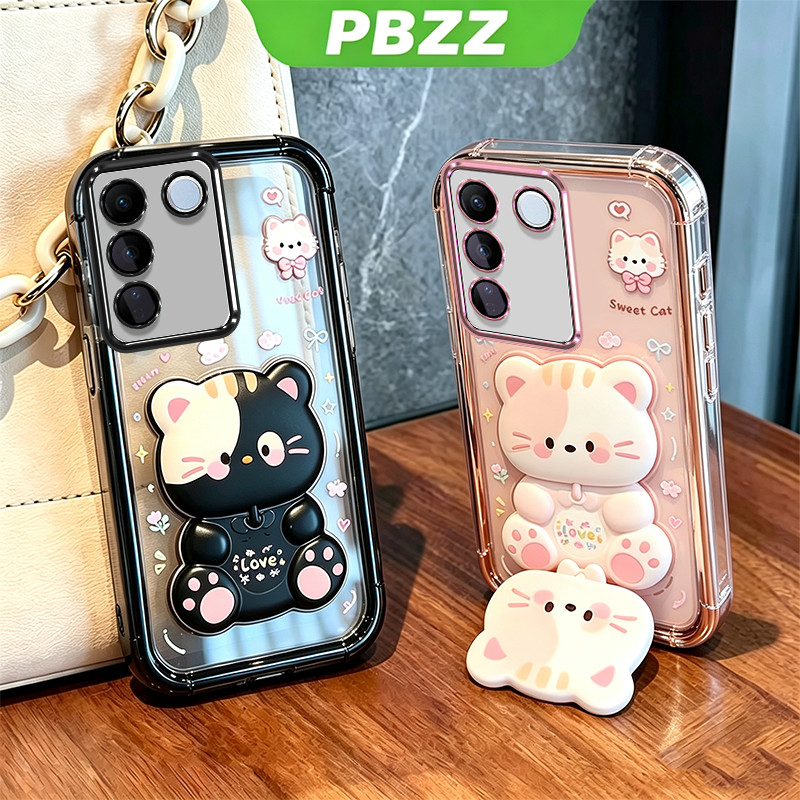 สําหรับ VIVO V27 5G V27E Y100 5G เคสโทรศัพท์ Softcase ซิลิโคนกันกระแทกออกแบบใหม่ความงามพร้อมผู้ถือแมวน่ารักโปร่งใสสําหรับสาว SJMMZJ1