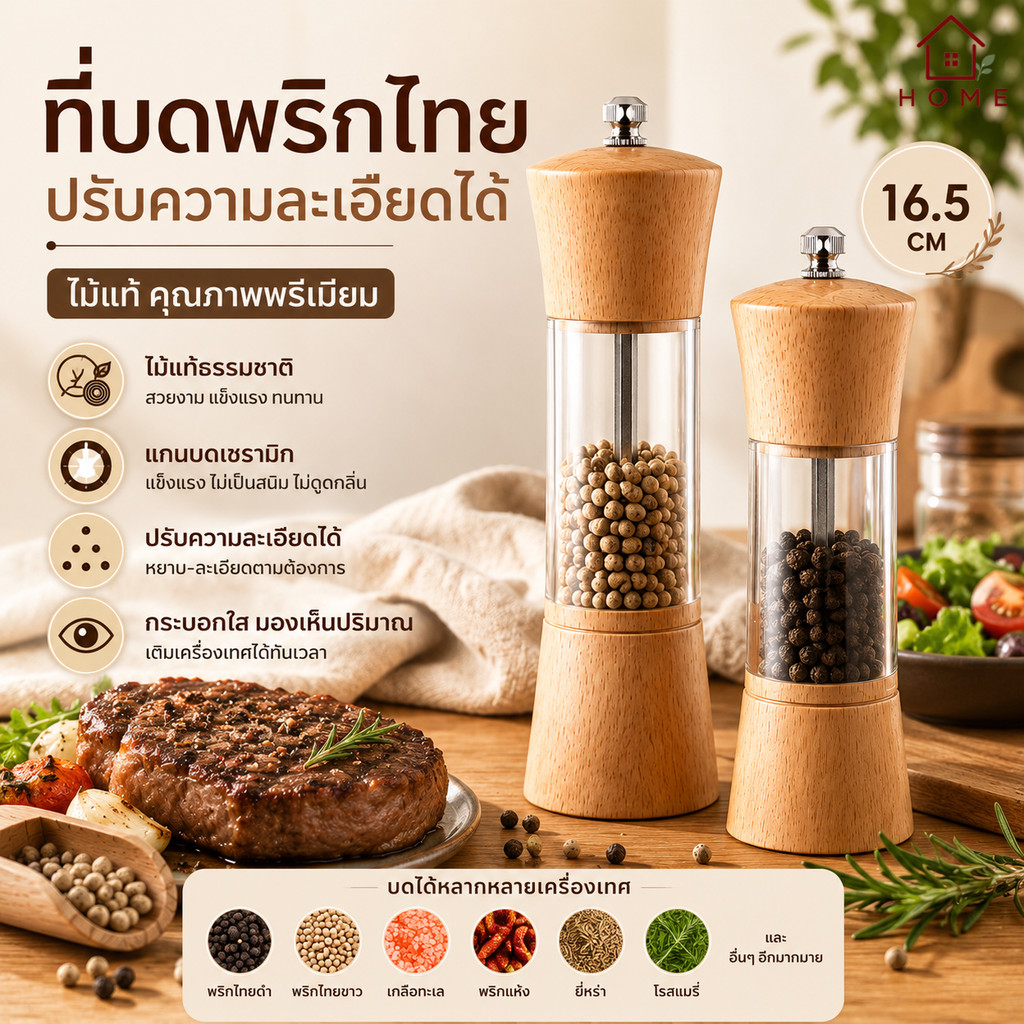 Home007 ที่บดพริกไทย ไม้แท้ เครื่องบดพริกไทย เครื่องบดเกลือ บดเครื่องเทศ แกนบดเซรามิก ปรับความละเอียดได้ Spice Grinder