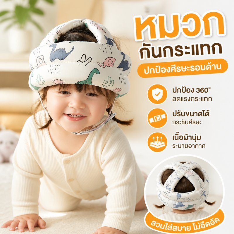 หมวกกันกระแทกเด็ก หัดเดิน ปรับขนาดได้ ป้องกันศีรษะ 360 องศา เบา ระบายอากาศ