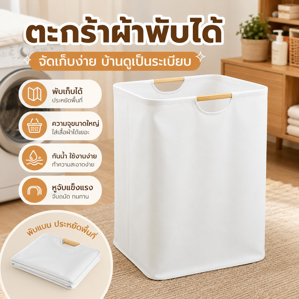 ตะกร้าผ้าพับได้40*27*53cm ตะกร้าอเนกประสงค์ มีหูจับ ชั้นในกันน้ำ ล้างทำความสะอาดได้ สไตล์มินิมอล สีละมุน จัดเก็บเสื้อผ้า