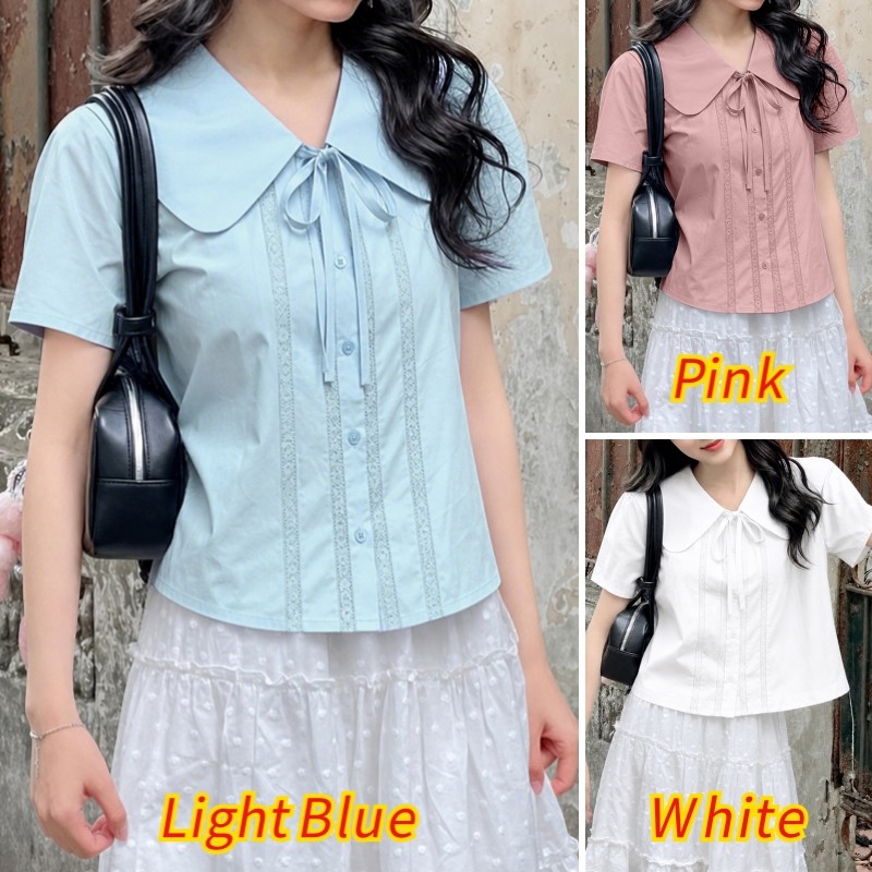VONDA ผู้หญิงเกาหลี Girly สไตล์ขนาดใหญ่ Lapel Bowtie ลูกไม้แผงทอทอทอปุ่มปกติไหล่ตัดเสื้อสไตล์วิทยาลัย Back-To-School ทุกวันเสื้อแขนสั้น — صورة 3