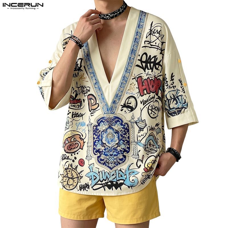 INCERUN ผู้ชายเกาหลี Streetwear สไตล์ V คอกลางแขนสนุก Graffiti พิมพ์เสื้อหลวม Fit