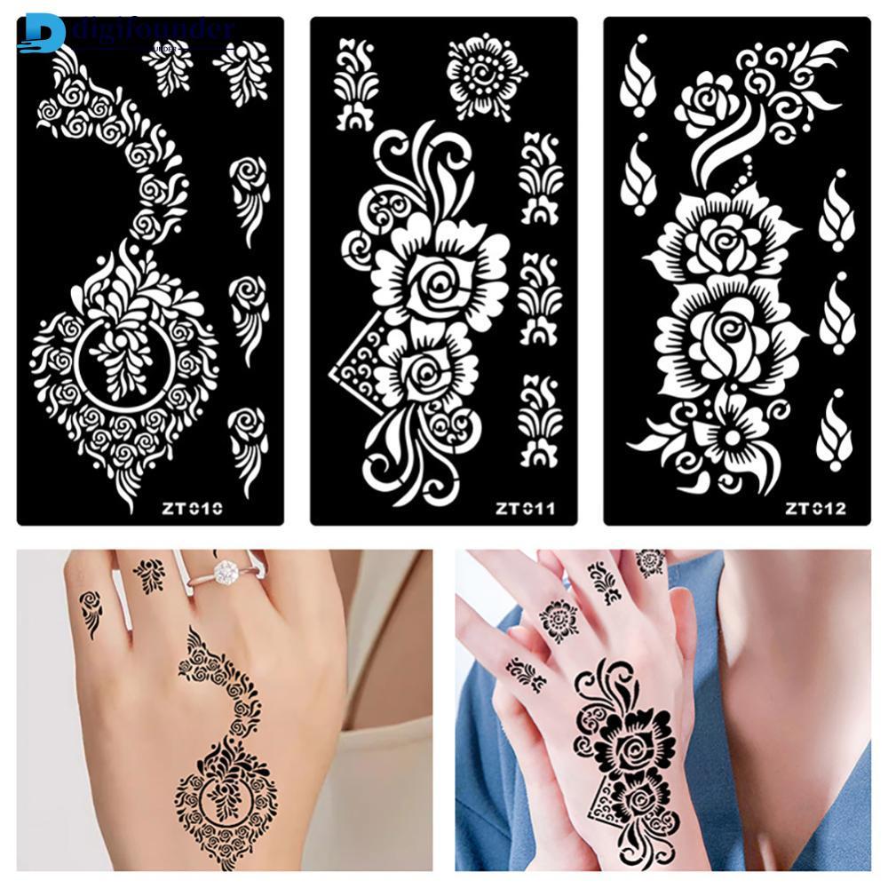 DIGIFOUNDER กันน้ํา Henna Lace Tattoo Stencils Self-Adhesive Hollow Body Art แม่แบบสําหรับมือแขนนิ้ว