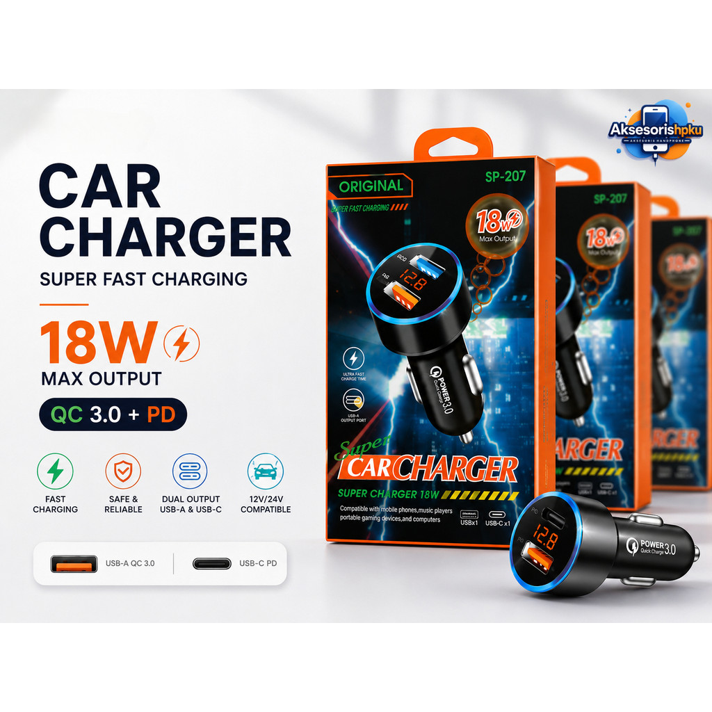 SP-207 2USB 18W LED Car Charger Adapter SP207