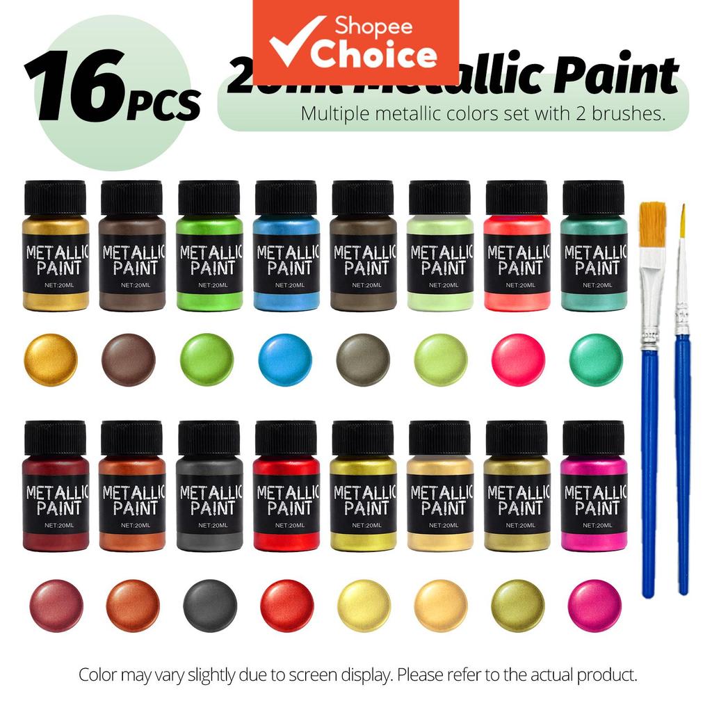 AGR 20ml 16 สีเมทัลลิคชุด 2 แปรงสําหรับ DIY ผ้าใบไม้ Rock, พวงกุญแจแหวน, เครื่องมือแกะสลักโลหะ & Jun