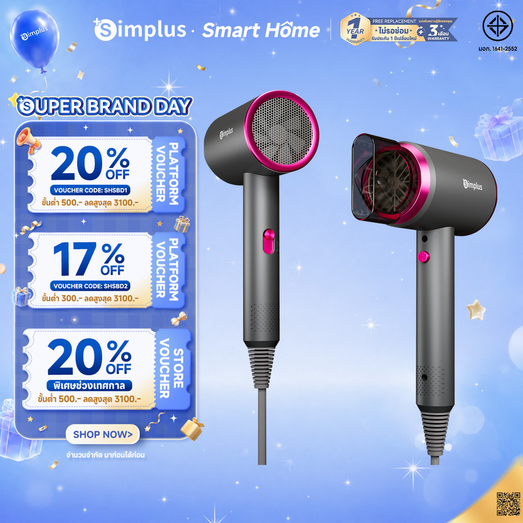 Simplus ไดร์เป่าผม D1 1250W รุ่นเริ่มต้น คุ้มค่า ที่สุด ไอออนลบ แห้งไว ปรับลม 3 ระดับ มีลมเย็น CFJH001