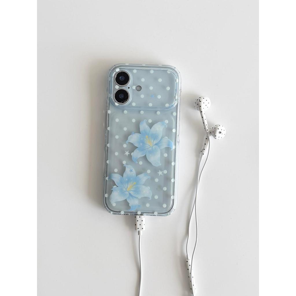 Polka Dot Blue Lily เหมาะสําหรับ Apple 17pormax เคสโทรศัพท์ iPhone 15 วินาทีถึง 14 กันกระแทก 16 สไตล์เกาหลี 15 เคสโทรศัพท์ใหม่
