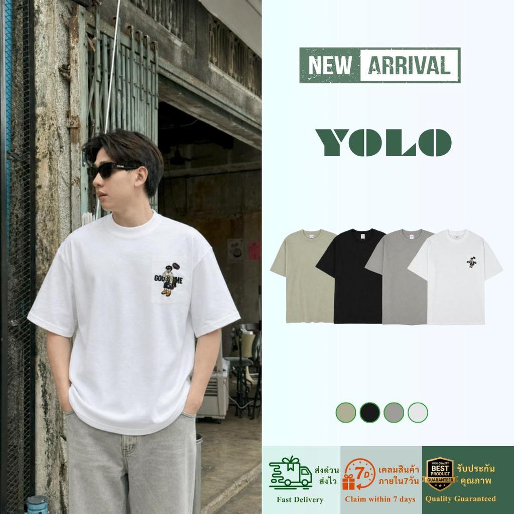 YOLO เสื้อยืด OVERSIZE เสื้อยืดโอเวอร์ไซส์ เสื้อยืดแขนสั้น คอเสื้อหนา 1 นิ้ว   ผ้าฝ้ายแท้ ทรงหลวม Y2623023