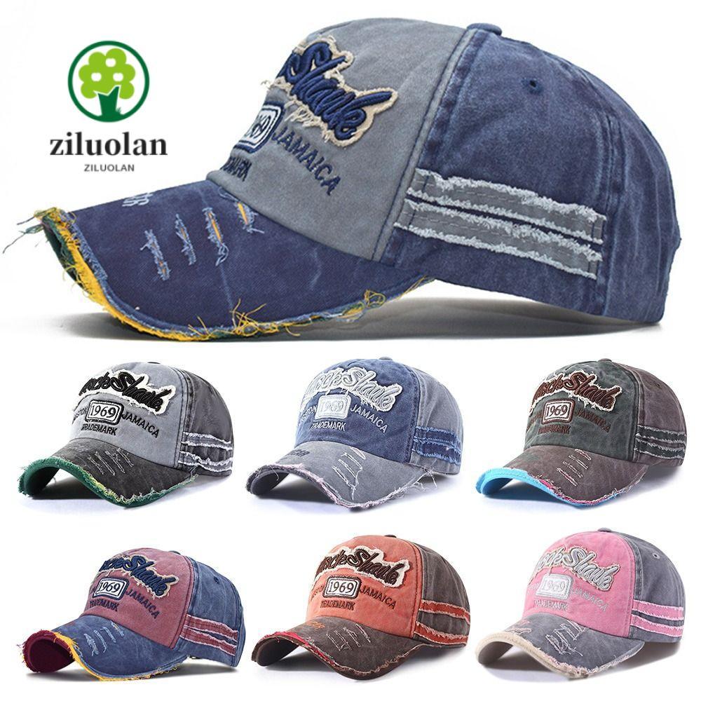 ZILUOLAN Distressed Faded Cap กีฬากลางแจ้ง WASHED DENIM หมวกกันแดดแบบปรับได้