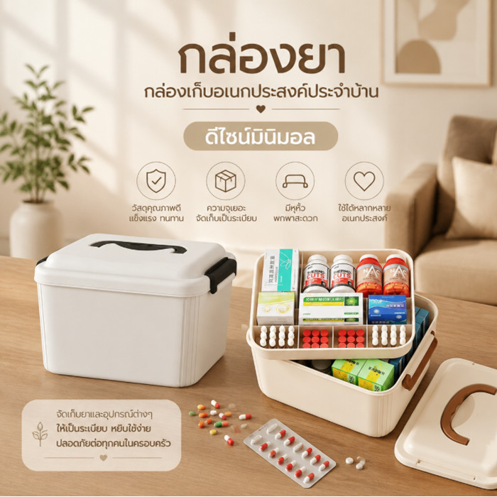 YY กล่องยา กล่องเก็บอเนกประสงค์ประจำบ้าน ดีไซน์มินิมอล มีหูหิ้วพกพาง่าย กล่องเก็บยาและเวชภัณฑ์ L009