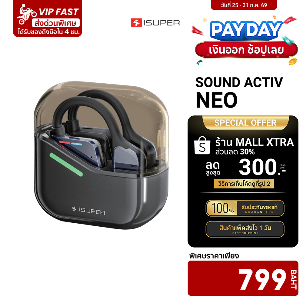 iSUPER SoundActiv NEO หูฟังไร้สาย ออกกำลังกาย ไดร์เวอร์ 16.2 มม. ไมค์ดี คุยชัด ใส่สบายไม่อึดอัด -1Y