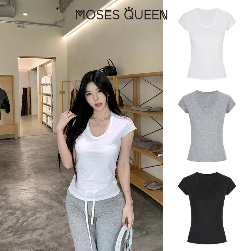 MOSESQUEEN โมเสสควีน เสื้อยืดแขนสั้นคอยูผ้าฝ้ายสําหรับผู้หญิงในฤดูร้อนน้ําหนักเบามีแขนพลิ้วเล็กแต่งทรงคอวีดีไซน์ #63965