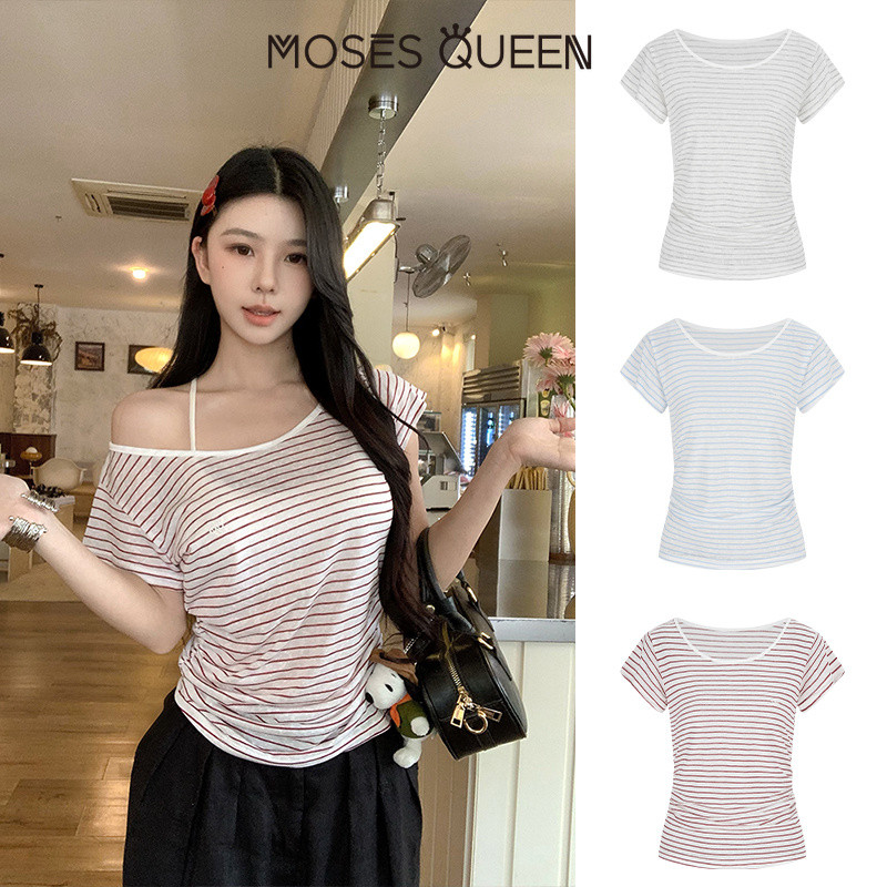 MOSESQUEEN เสื้อผ้าแบบสั้นแขน วีรภาพลายสี ใส่สบาย ตัวถอดได้ ที่มีไหล่เปิด เหมาะสำหรับทุกฤดูกาล รูปแบบหลวมๆ และเรียบง่าย มีการออกแบบไหล่เอียง #63804