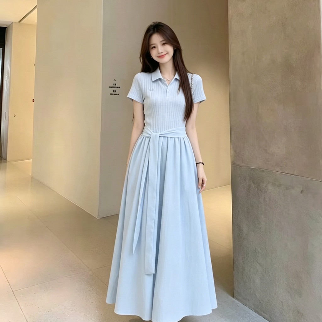 [สินค้าพร้อมสต็อก จัดส่งในวันเดียวกัน] ชุดเดรสคอปกโปโลสีฟ้าฝรั่งเศสผู้หญิงฤดูร้อนสไตล์ใหม่ขนาดเล็กแนวอาร์ตๆกระโปรงยาวเอวแคบ