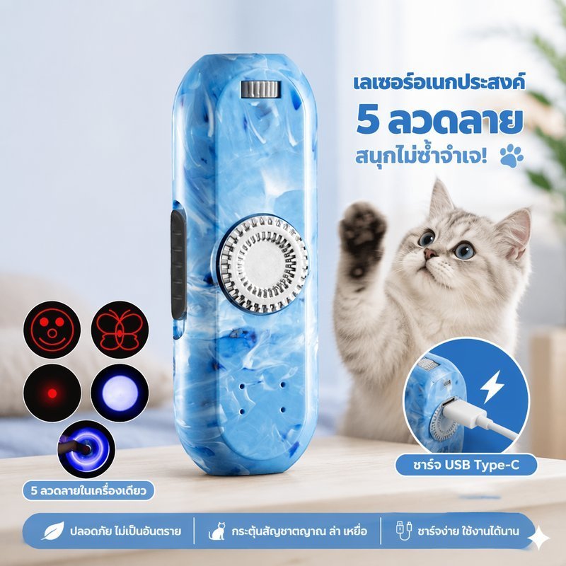 แมวเลเซอร์ของเล่น USB ชาร์จตัวชี้เลเซอร์ LED UV Light Spinner 5 โหมดเล่นสัตว์เลี้ยงในร่ม