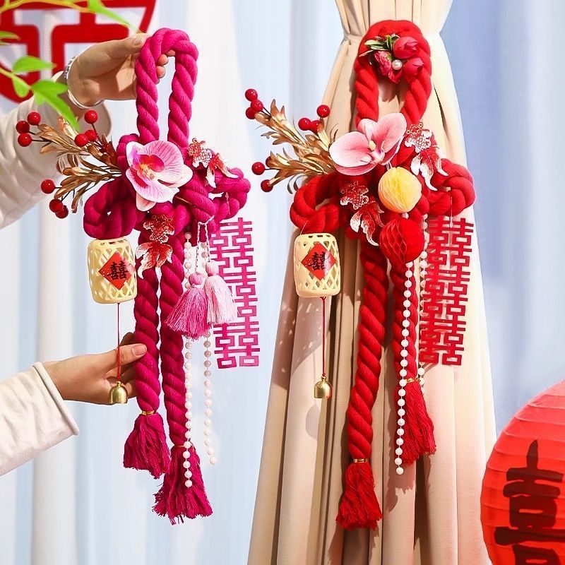 婚房装& 饰万字结挂饰结婚用品门把手婚礼卧室装扮客厅新房布置喜字Wedding Room Decoration, Wedding Door Handle, Small Pendant Decorati