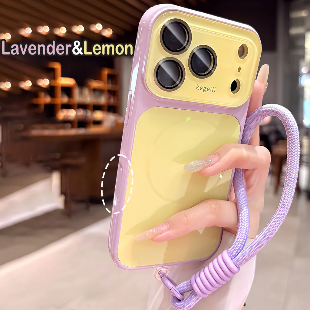 ลาเวนเดอร์ & Lemon Schem + Lanyard ไล่ระดับสีหน้าต่างขนาดใหญ่กรณีปุ่มกล้องสําหรับ iPhone 13 14 15 16 17 Pro Max กรณี Enclosed Anti-fall กันกระแทกปกหลังขอบนุ่ม