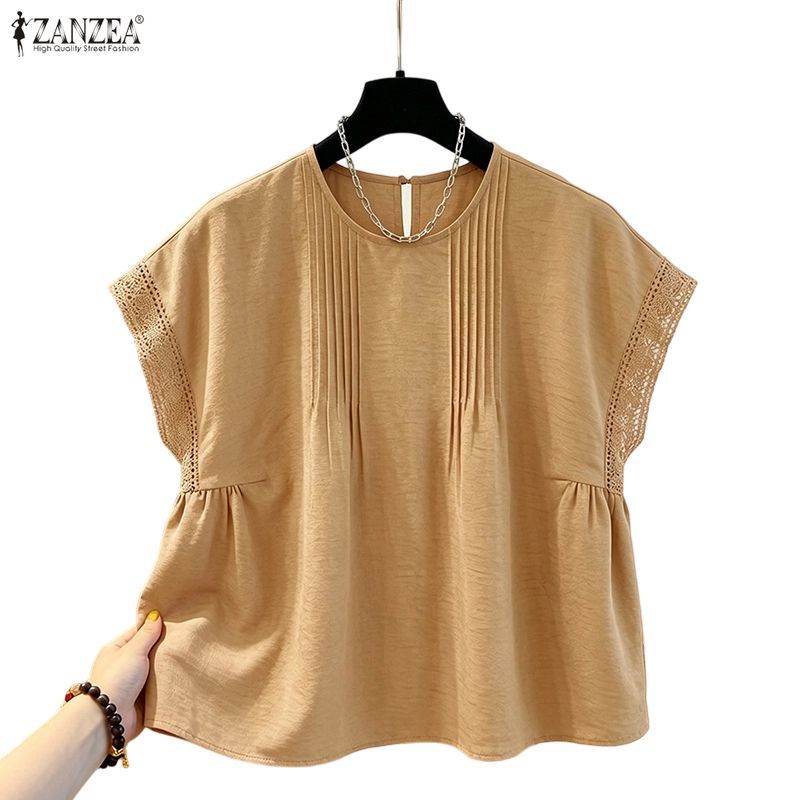 ZANZEA ผู้หญิงเกาหลีอ่อนโยน Chic รอบคอแขนสั้นลูกไม้ Splicing Pleats หลวม Fit เสื้อ