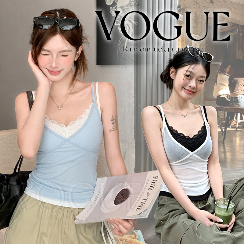Vogue🌟พร้อมส่ง🌟 เสื้อยืดสายเดี่ยวทรงเข้ารูป แฟชั่นฤดูร้อนมีสองชิ้น มีทั้งแยกและเซ็ต (FY2041/FY2040#1)