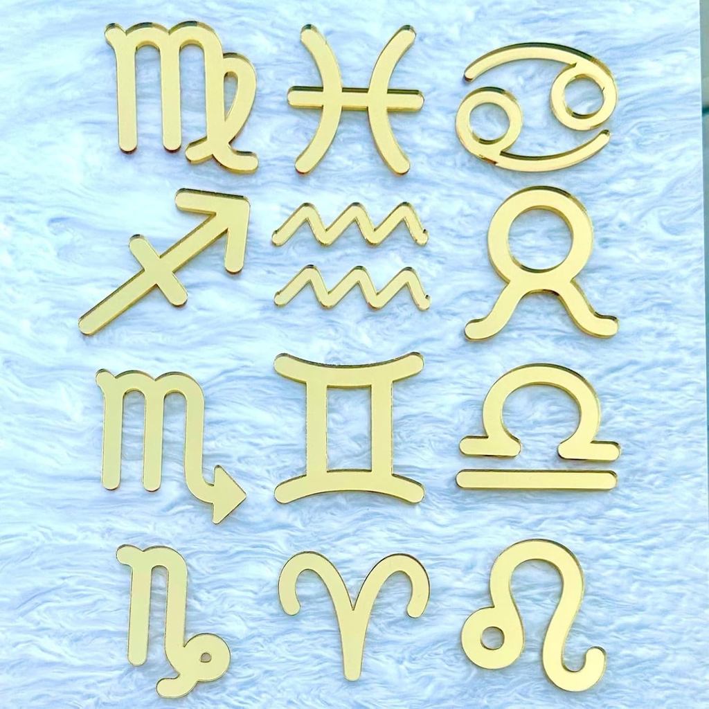 12PCS Gold Acrylic Zodiac Constellation เค้ก Topper, Aquarius เค้ก Toppers, มกราคม-December 12 Zodia