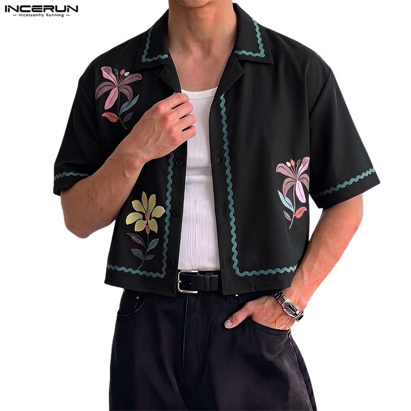 INCERUN Men Korean Vacation Style Lapel Short Sleeve Floral Prints Contrast Edge Cropped Shirts