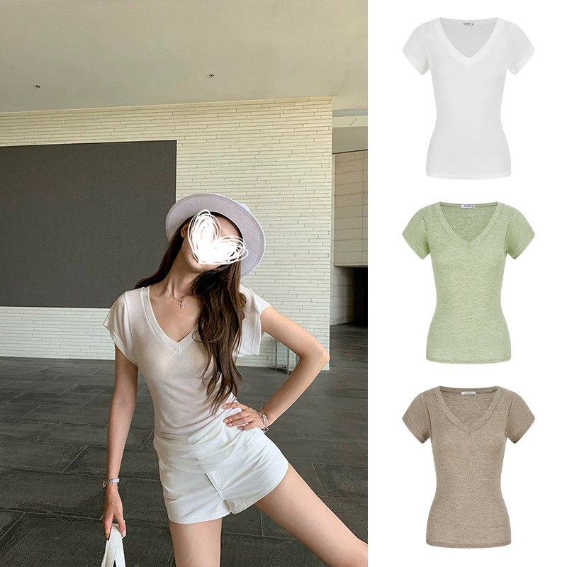 MOSES QUEEN เสื้อยืดแขนสั้นคอวีสีน้ําตาลย้อนยุคเสื้อทรงเข้ารูปฤดูร้อนขั้นพื้นฐาน