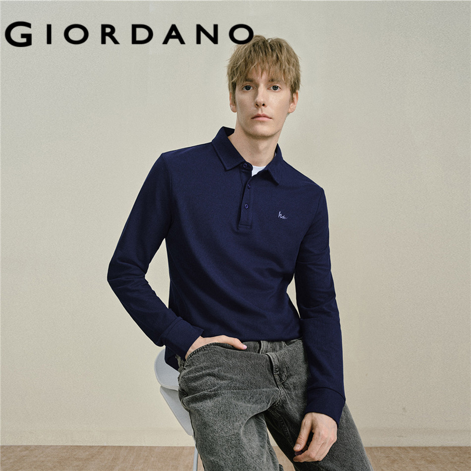 GIORDANO MEN Mini embroidery long sleeve pique polo shirt 13016604