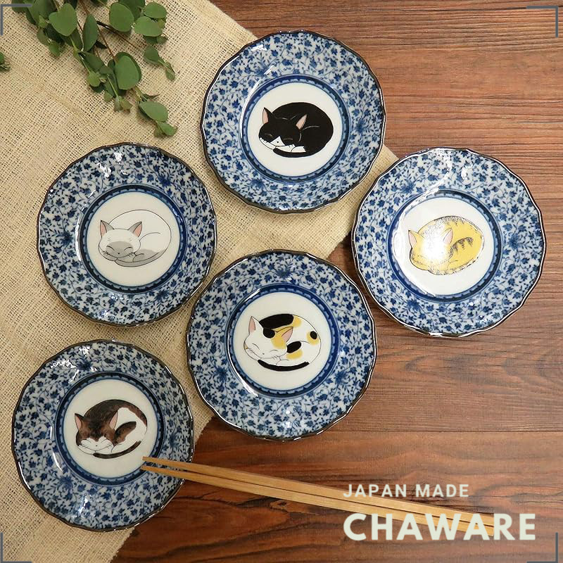 Waza no Kura Kutani Small Plate Set 5pcs - Nemuri Neko Sleeping Cat Ceramic Dishes, Luxury Japanese 