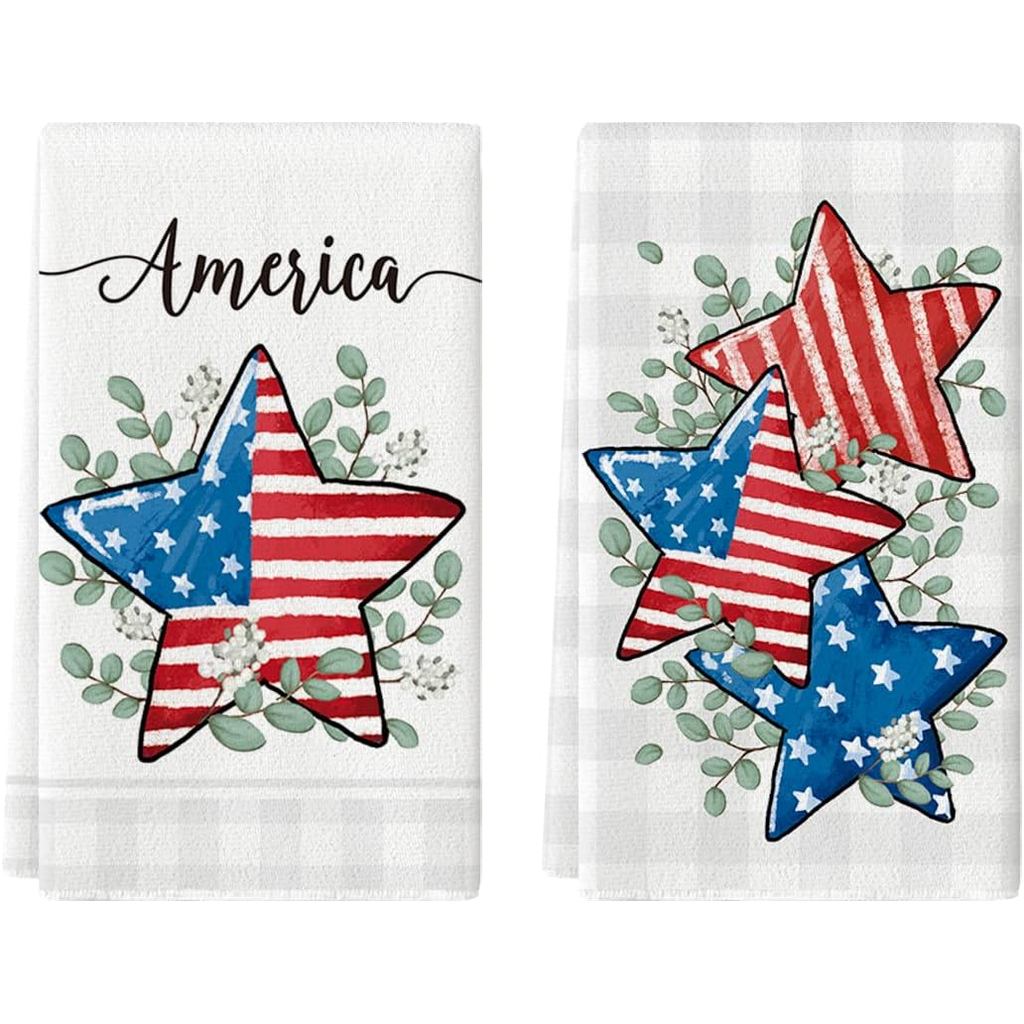 โหมด Artoid America Stars Eucalyptus 4th of July ผ้าขนหนูจาน, 18x26 นิ้ว Patriotic Memorial Day ตกแต