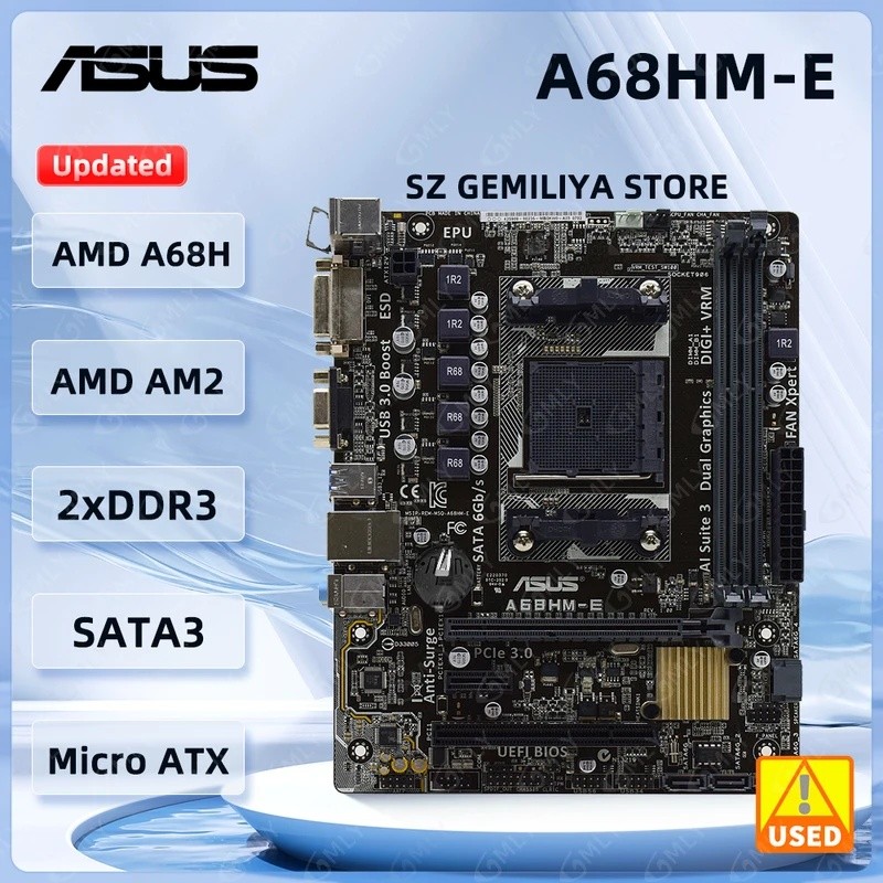 ASUS A68HM-E ซ็อกเก็ตเมนบอร์ด FM2 FM2+ AMD A68H 2DDR3 PCI-E 3.0 USB3.0 Micro ATX รองรับ A8AD7600 Ath