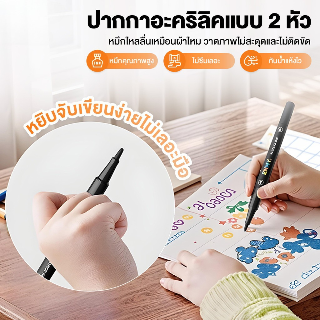 ปากกาวาดภาพ ปากกาตัดเส้น แห้งเร็ว กันน้ำ หัวปากกา 2 หัว หมึกสม่ำเสมอ ไม่เลอะเทอะ หมึกปริมาณมาก เขียนได้ทุกที่