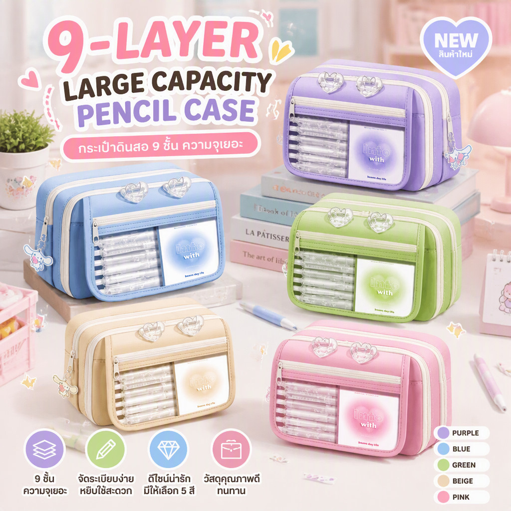 กระเป๋าดินสอ แบบใส 9 ชั้น จุของได้เยอะ กระเป๋าเครื่องเขียน ความหลากหลายของการจับคู่สีให้เลือก