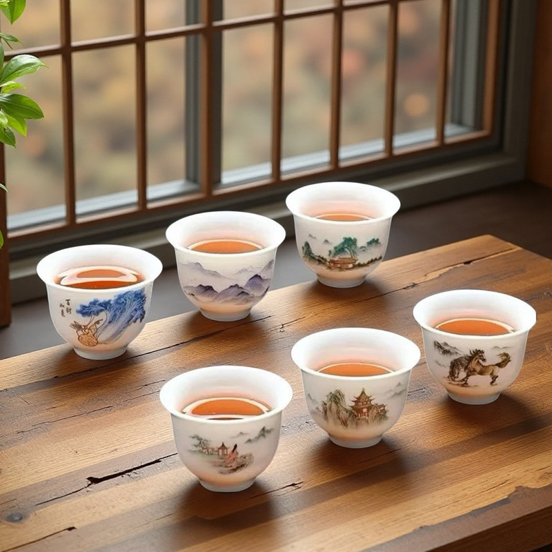羊脂玉瓷茶杯一套6只装主人杯品茗茶杯陶瓷混合杯防烫精致小茶杯8/17 A set of 6 pieces of mutton fat jade porcelain tea cups, master c