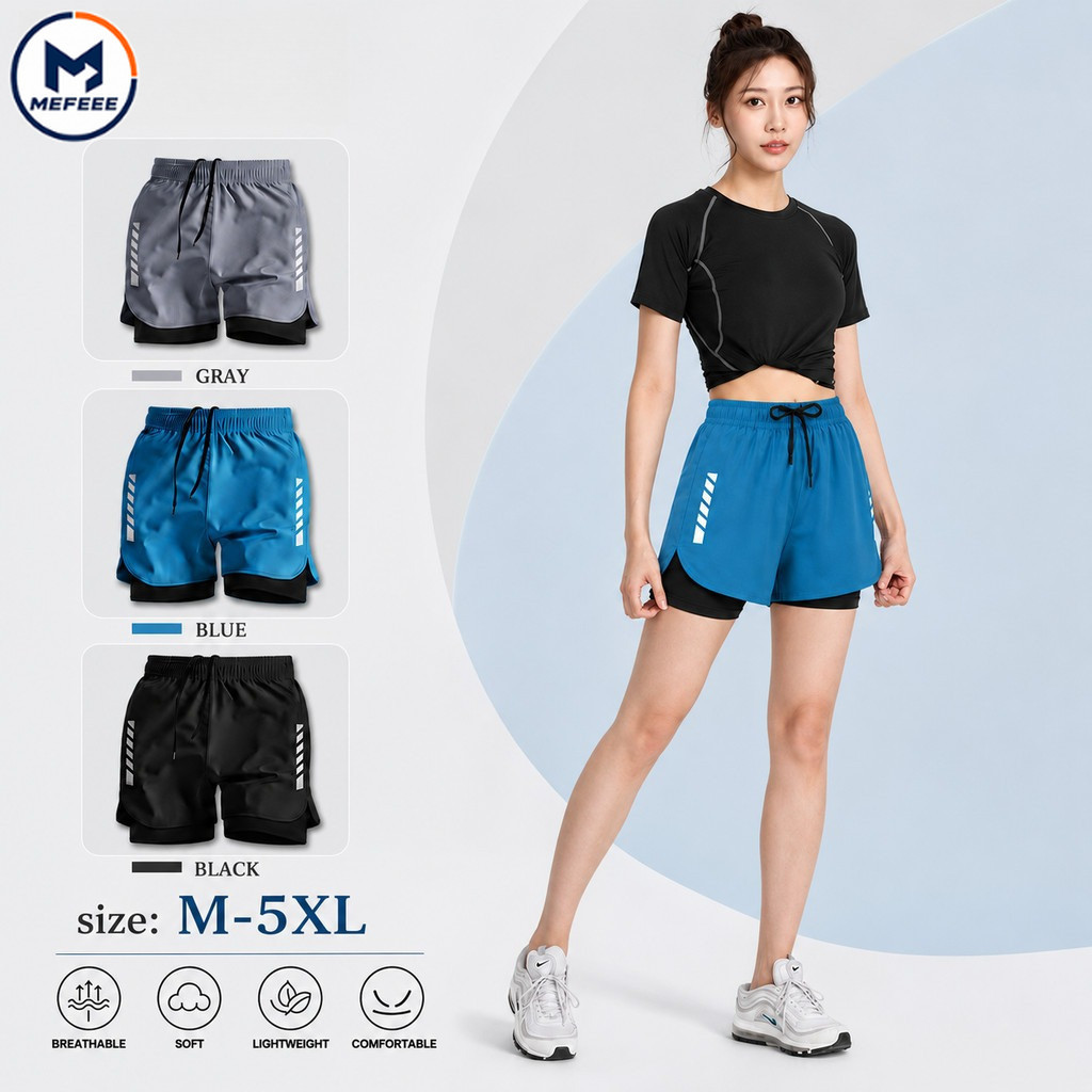 MEFEEE มีฟี สองชั้น2 ใน 1แห้งเร็วหลวมขนาดบวกกีฬากางเกงขาสั้นผู้ชายผู้หญิงวิ่งออกกําลังกายกางเกงบ้าน