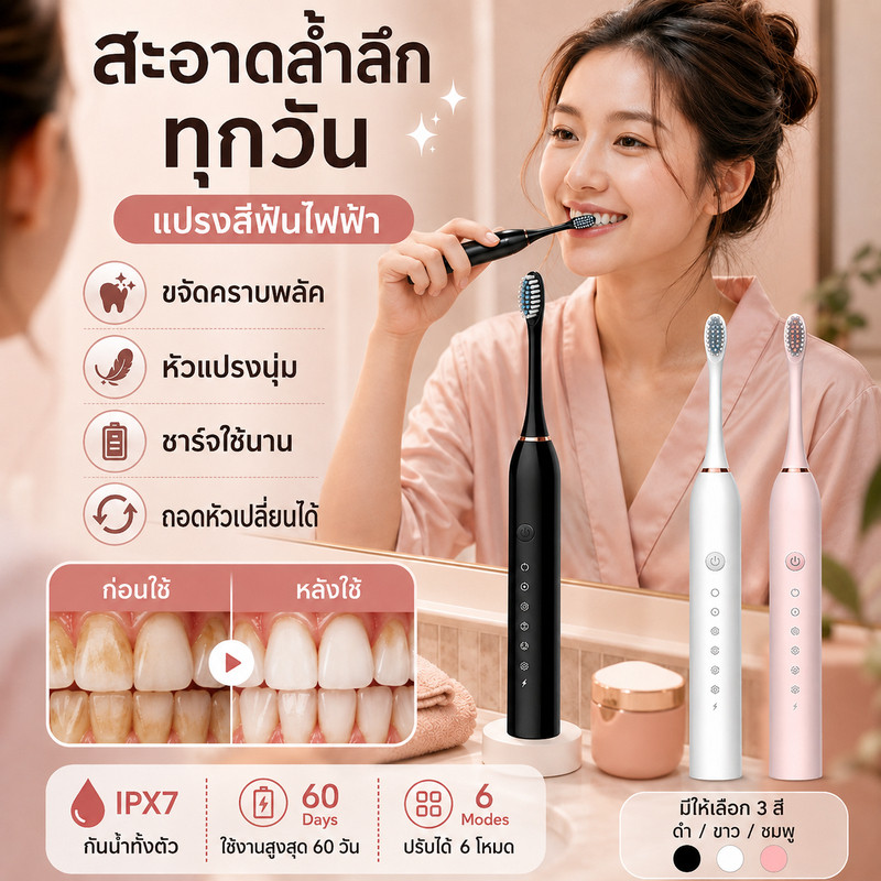 ขจัดคราบพลัคขจัดกลิ่นปาก แปรงสีฟันไฟฟ้าโซนิค แปรงสีฟัน X.Q.M.Q สั่น 5 โหมด ชาร์จ USB แบตอึด ขนนุ่มไม่บาดเหงือก พร้อมส่งในไทย