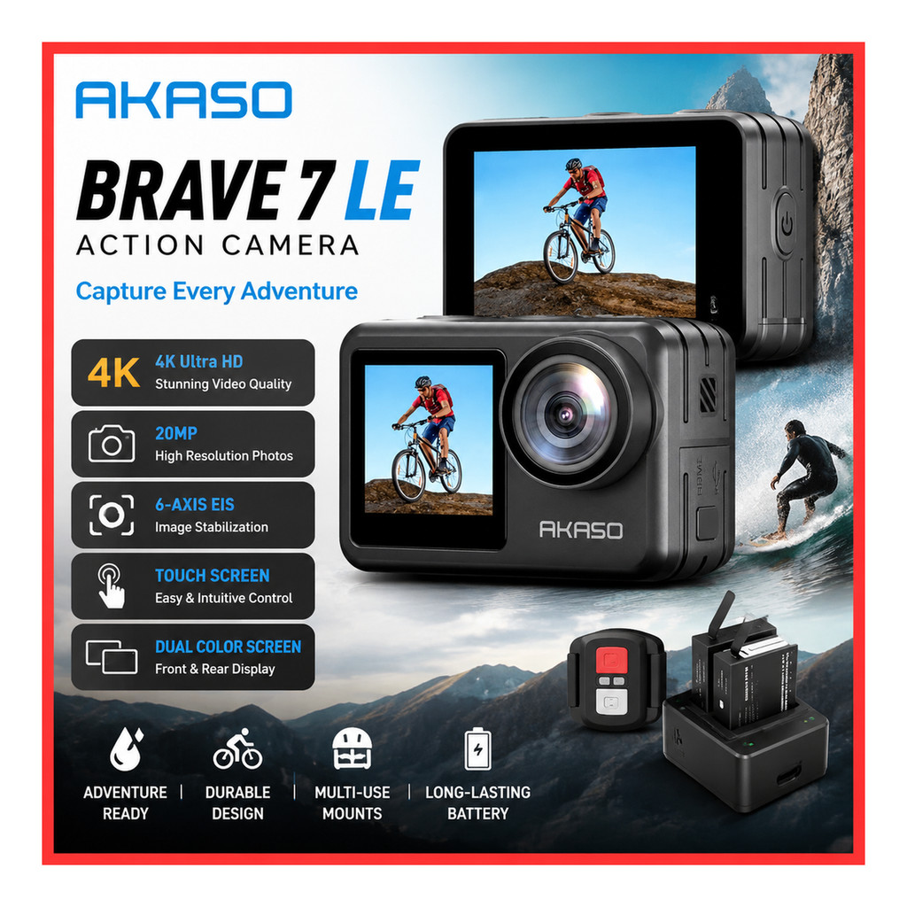 AKASO Brave 7 LE กล้องแอคชั่น 4K 20MP พร้อมหน้าจอสัมผัส EIS 2.0