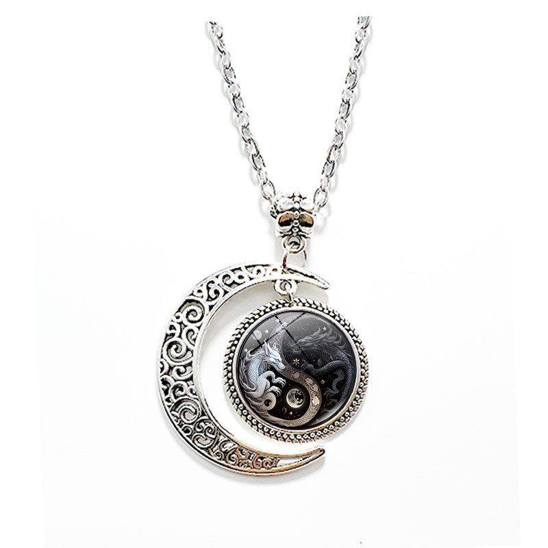 Tai Chi Yin Yang Animal Crescent Alloy Necklace Black White Double Dragon Wolf Cat Elephant Horse Re