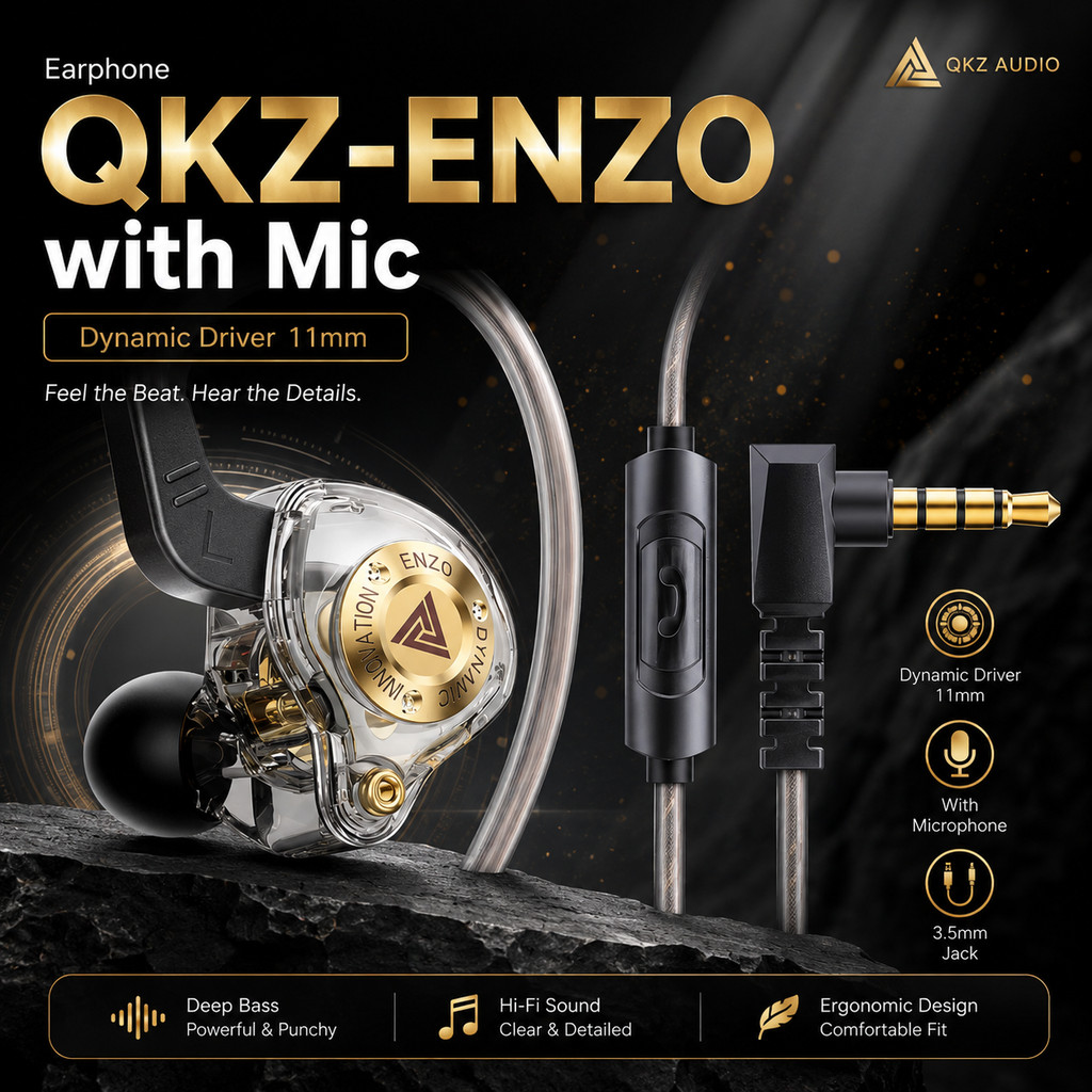 QKZ ENZO หูฟังแบบมีสาย In Ear Bass HiFi Dynamic Driver 11 มม. พร้อมไมโครโฟน - QKZ-ENZO