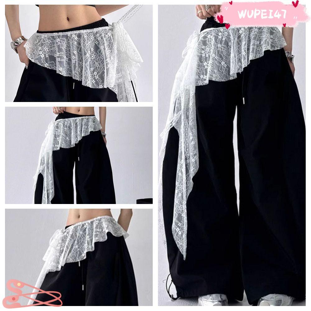 WUPEI47AD Lace Up Ruffles กระโปรง,ปักดอกไม้ไม่สม่ําเสมอลูกไม้มินิกระโปรง,กางเกงยีนส์กางเกงตกแต่งดูผ่