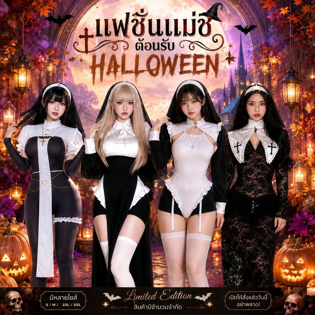 PANDA GIRL ชุดแม่ชีแฟนซี Nun Costume  Halloween ชุดฮาโลวีน ปาร์ตี้ดำขาว พร้อมส่ง 🕷 M-5XL | 40-100กก. SET-1414