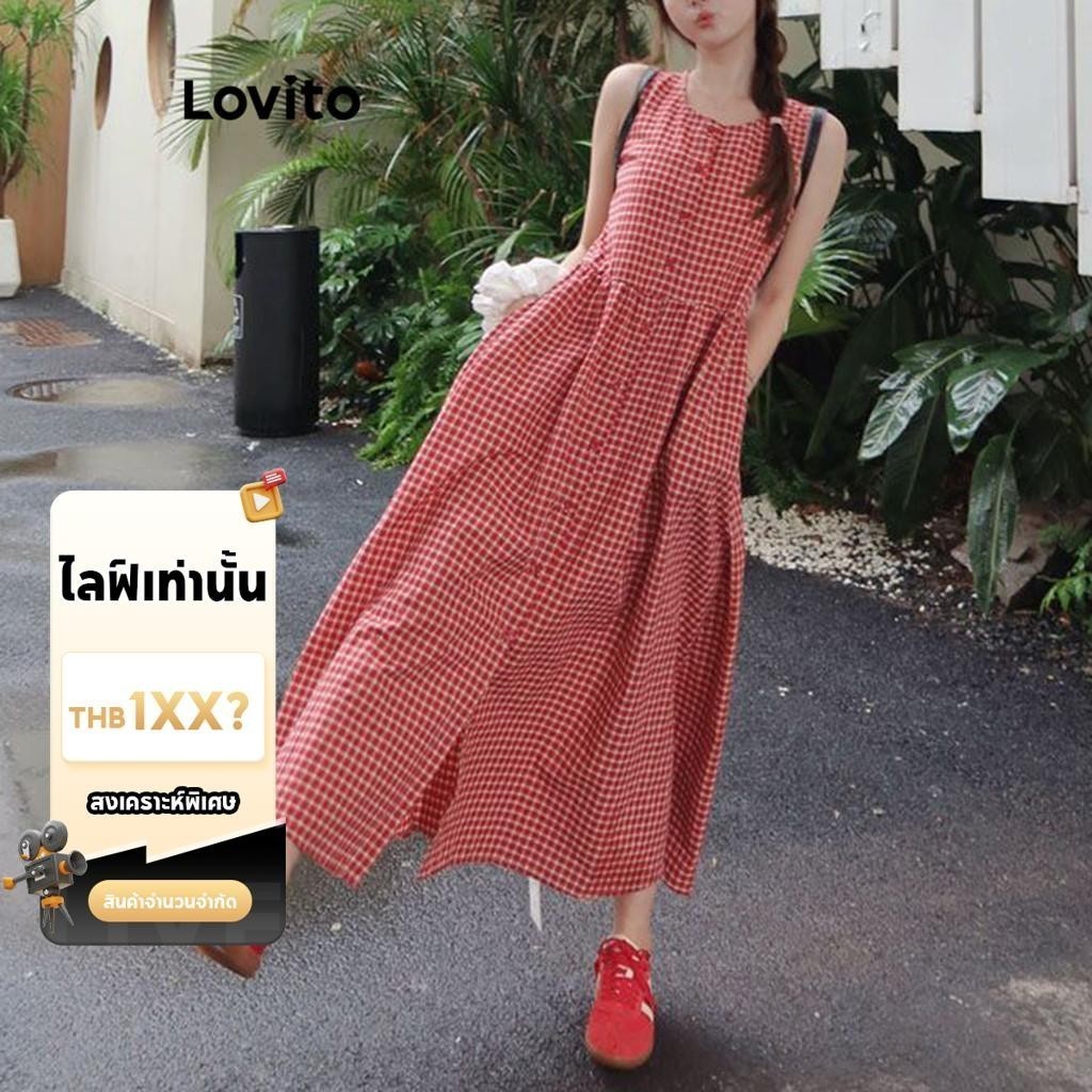 (LIVE STREAM SALE) Lovito แคชชวล ชุดเดรสกระดุม บล็อกสี ลายสก๊อต สําหรับผู้หญิง LNE77572