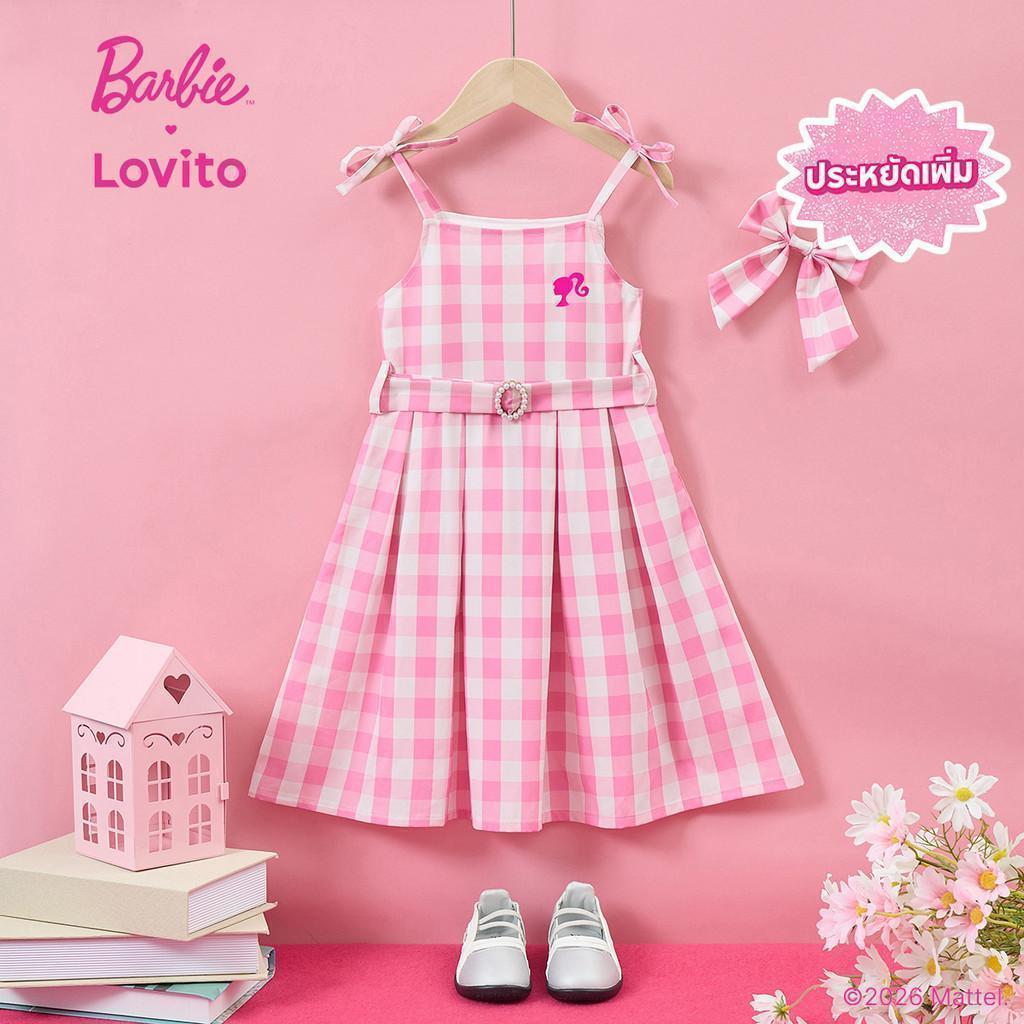 Barbie™ X Lovito Kids วันหยุด เดรสสีชมพูน่ารักพร้อมเข็มขัดและโบว์ สําหรับสาวในฤดูใบไม้ผลิ/ฤดูร้อน เกาหลี อินเทรนด์ LB1AD005