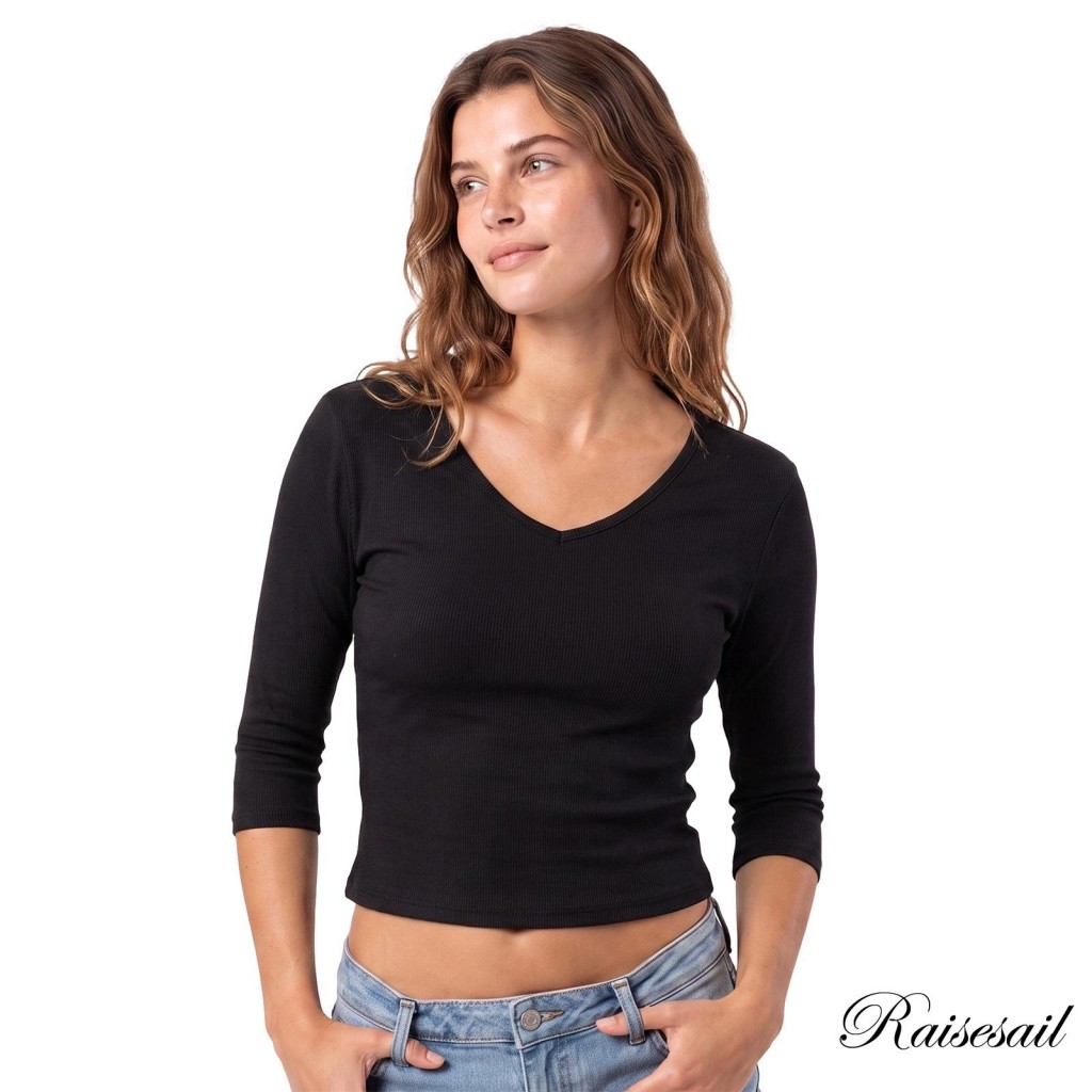 Rs-Women 3/4 Sleeve Tops สีทึบ V คอ Slim Fit Cropped Shirts
