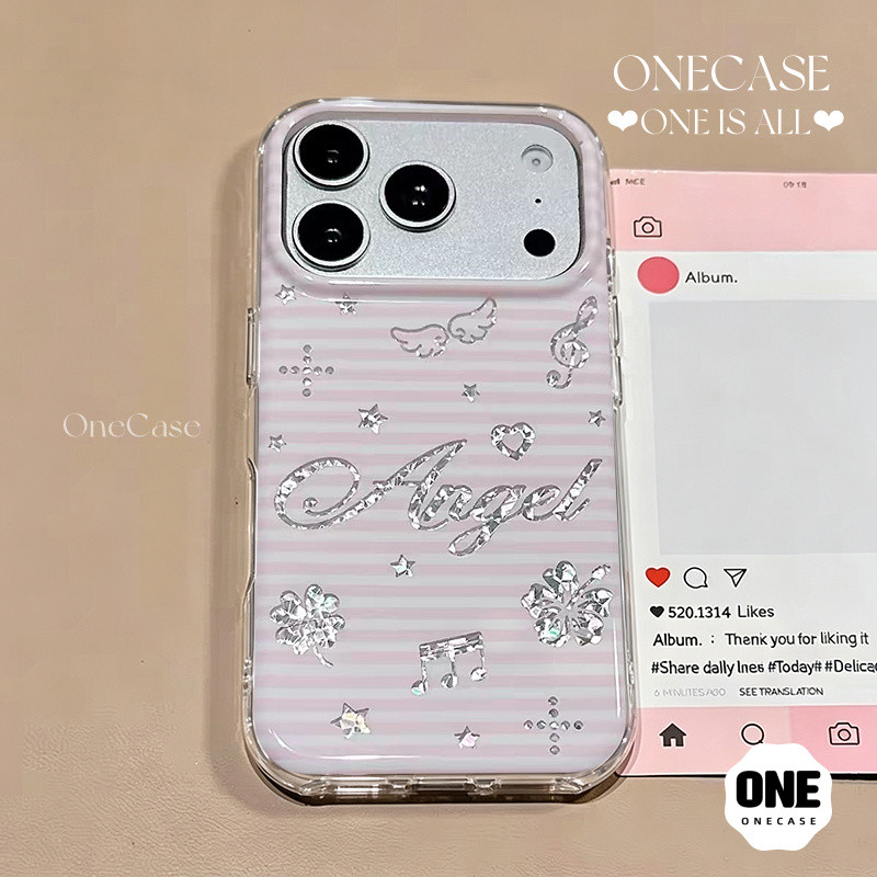เคสกลิตเตอร์ ลายริ้วสีชมพู‑ขาว ตัวอักษร Angel สำหรับ iPhone 17 Por Max 14 13 12 11 Pro 15 16 6 7 8 Plus Xs Max Xr Xs X