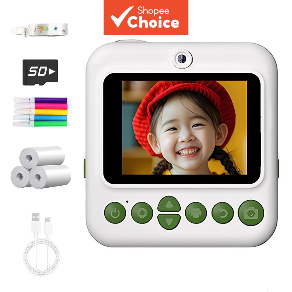 กล้องถ่ายรูปพิมพ์ภาพทันทีแบบ HD สําหรับวัยหัดเดินและเด็ก มาพร้อม SD การ์ด สายคล้องคอ และกระดาษพิมพ์ 
