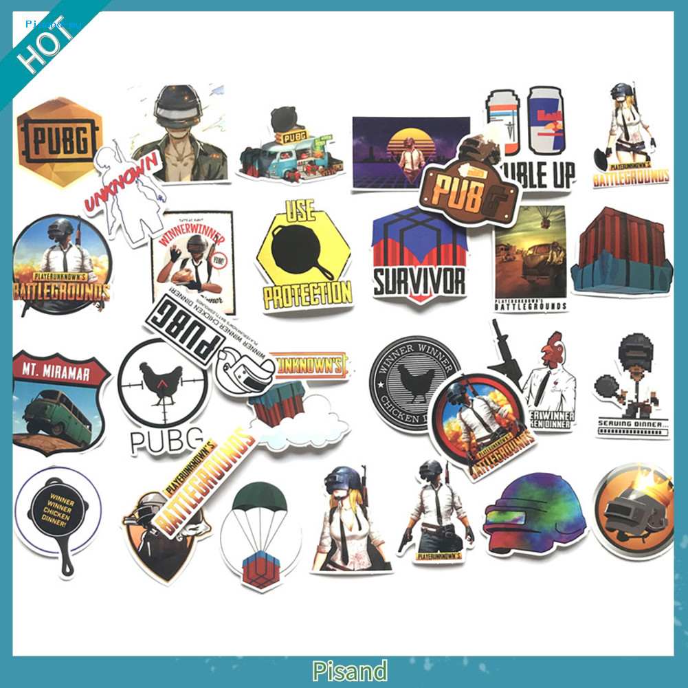 Pisand 29 ชิ้น PUBG Battlegrounds PVC กระเป๋ากันน้ําสเก็ตบอร์ดรถ Graffiti สติกเกอร์
