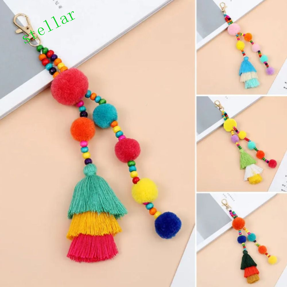 STELLARTECH Boho สไตล์พวงกุญแจ, Pom สีสัน Boho สไตล์ผม Ball พู่พวงกุญแจ, Boho เครื่องประดับ Boho สไต